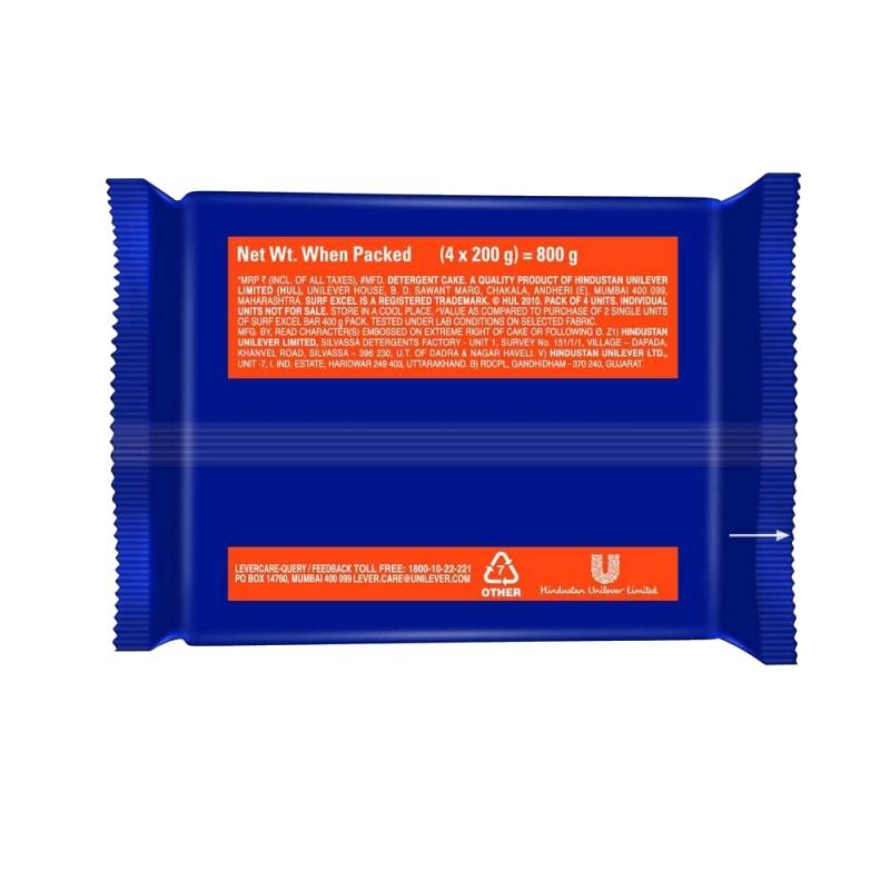 Surf Excel Detergent Bar (Value Pack) - 4 U x 200 g