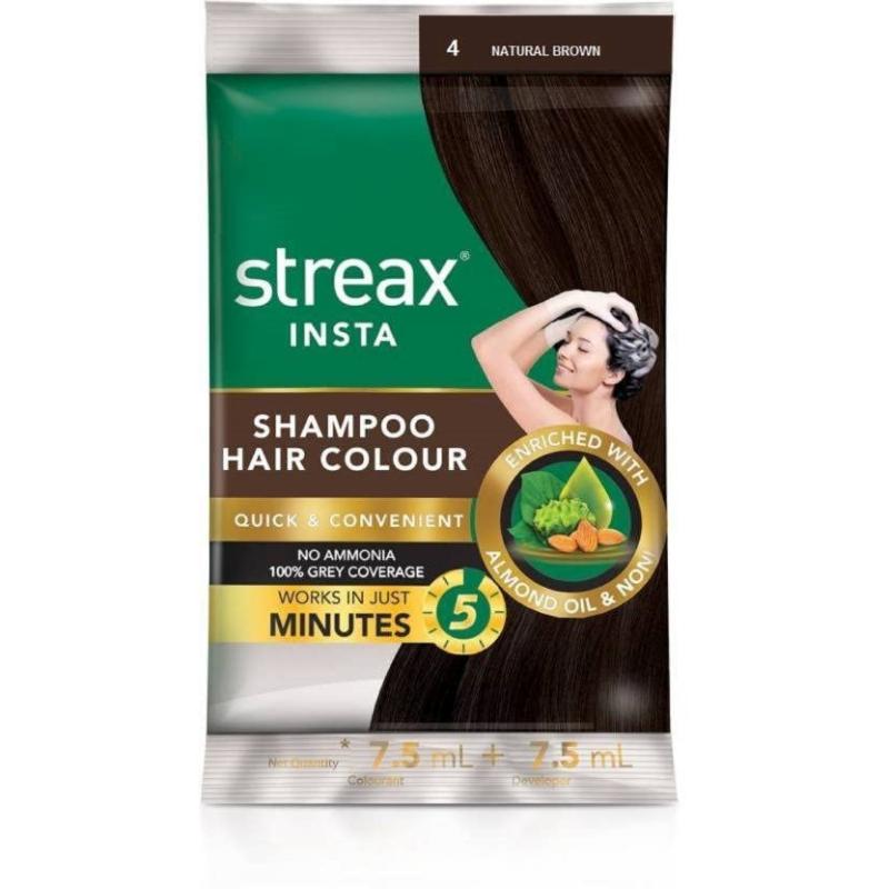 Streax Insta Shampoo Hair Colour - (4 Natural Brown) - 18 ml